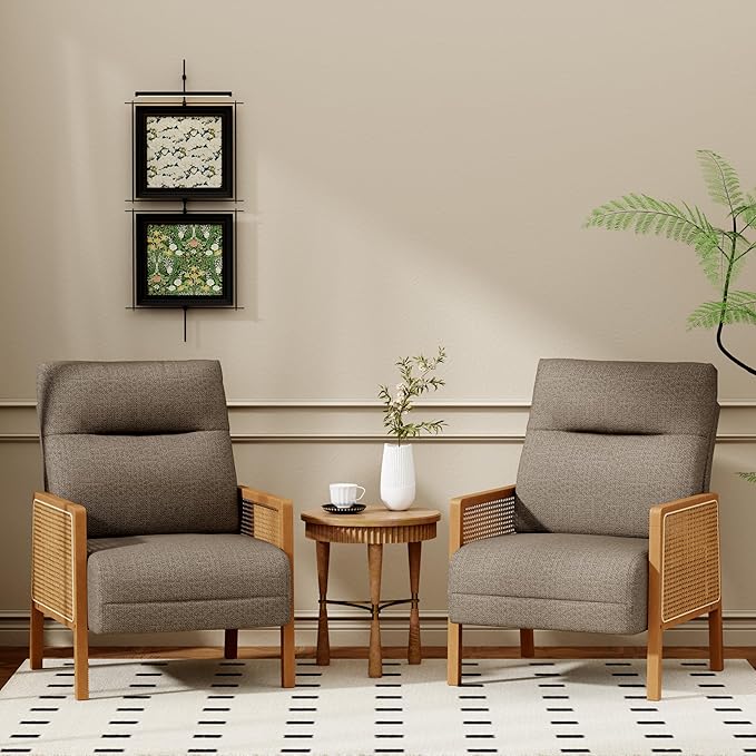 Mid Century Accent Chair Set of 2 Wooden Leisure Armchair with Rattan Armrest Boho Comfy Reading Chair for Living Room Bedroom Lounge Side Club Chair