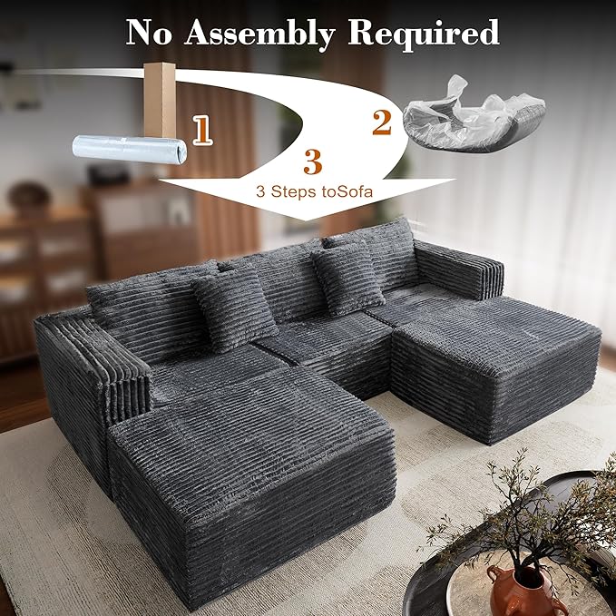 110 Corduroy Modular Sectional Boneless Sofa with 2 Ottomans Convertible Cloud Couch with Deep Seats Fluffy Memory Foam U Shaped Couch for Living Room No Assembly Required (Gray)