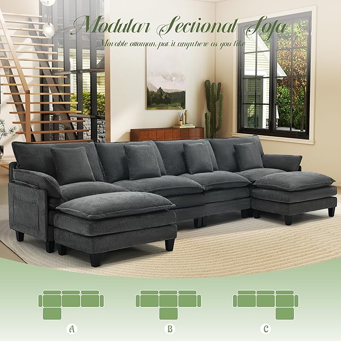 Cloud Couch 140 Modular Sectional Sofa with Movable Ottoman U Shaped Modern Sofa with Pillows Deep Seat Couches for Living Room Bedroom and Apartment Comfy Couch Grey