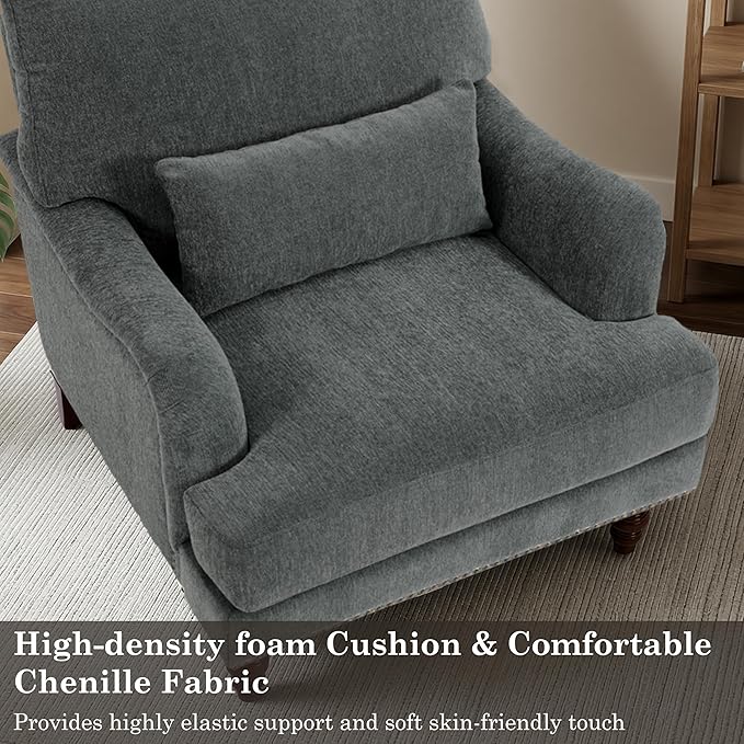 Accent Chair for Living Room Upholstered Armchair with Nailhead Trim &amp Solid Wood Legs Mid Century Modern Chenille Club Chair for Bedroom/Reading Room Gray