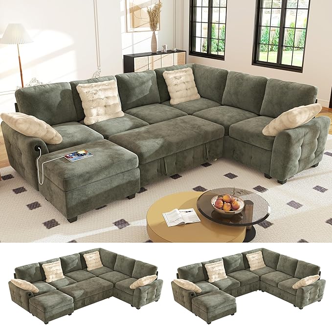 Ihanherry 106-inch Large L-Shaped Sectional Sofa Bed 7-Seater Convertible Pull Out Sleeper with Storage Ottoman 4 Pillows &amp USB Charging Ports Premium Chenille Fabric for Big Living Room（Gray）