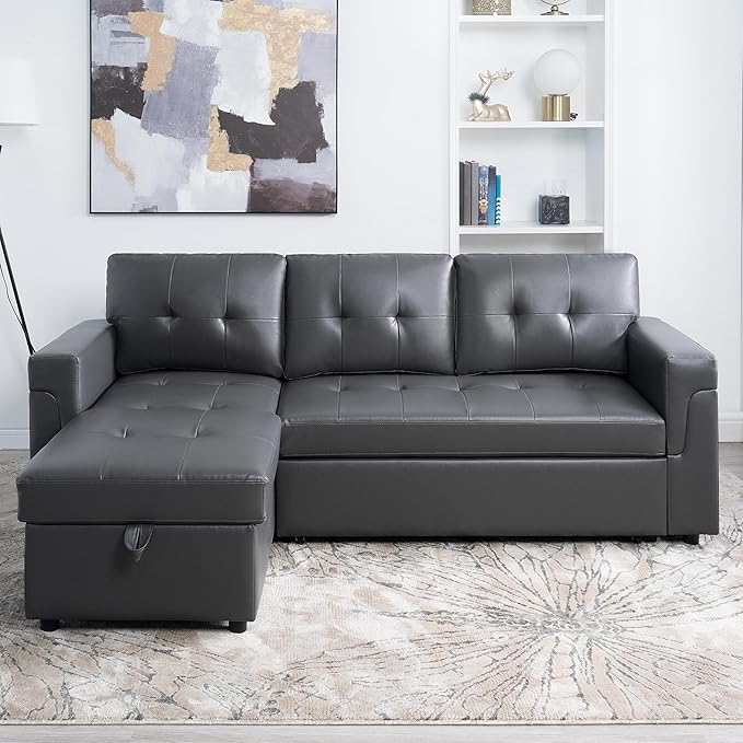 Naomi Home L Shaped Sectional Couch with Storage &amp Pull Out Bed – 3-in-1 Convertible Sleeper Sofa Bed Small L Shape Sofa for Living Room Sofa Bed with Storage Chaise in Dark Gray Air Leather