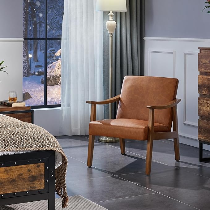 Yaheetech PU Leather Accent Chair Mid-Century Modern Armchair with Solid Wood Legs Reading Leisure Chair with High Back for Living Room Bedroom Waiting Room Light Brown