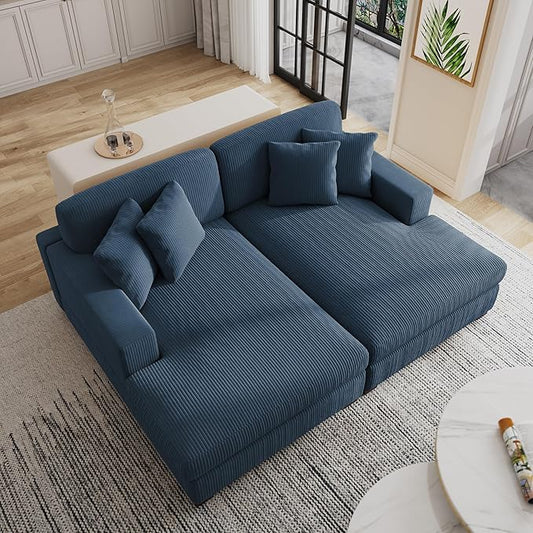 82.6 W Oversized Double Chaise Lounge Sofa Couch Comfy Corduroy Sleeper Sofa Bed with Deep Seat Modern Upholstered Cloud Couch with Pillows for Living Room Navy