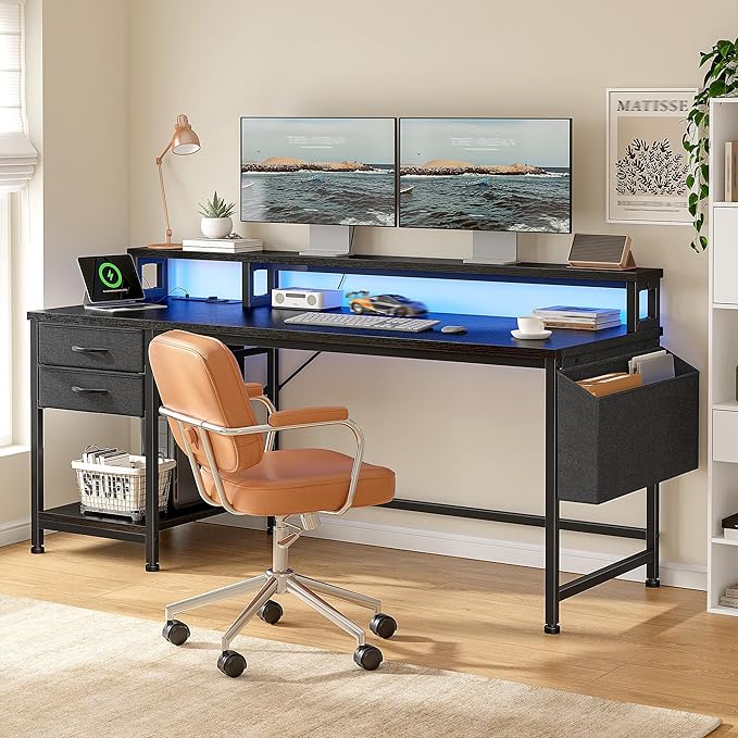 55 Computer Desk with Drawers &amp Storage Bag Gaming Desk with Power Outlets and LED Lights Office Desk with Monitor Stand for Bedroom Gaming Room Study Work Home Office Black