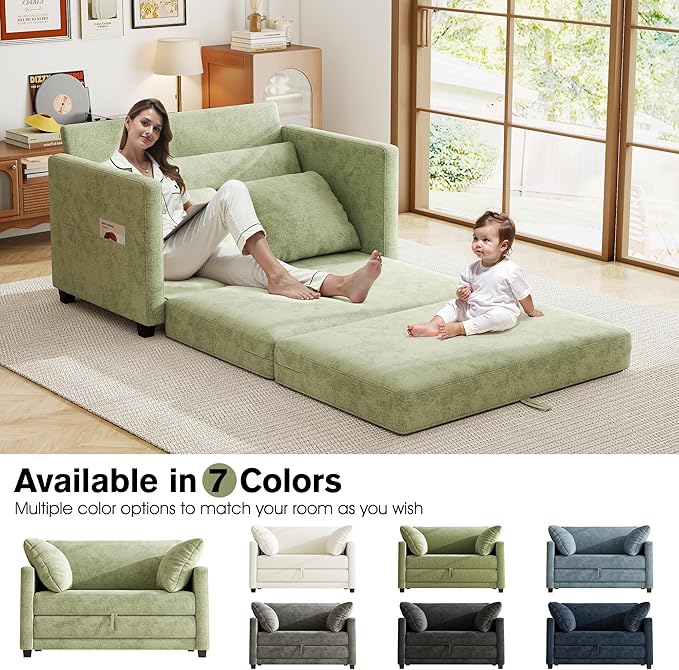 51 Loveseat Sleeper Sofa Bed Chenille Convertible Floor Sofa Bed for Small Spaces Folding Couch Bed with Deep Seat 2 Pillows &amp Solid Frame Pull Out Couch for Living Room Light Green