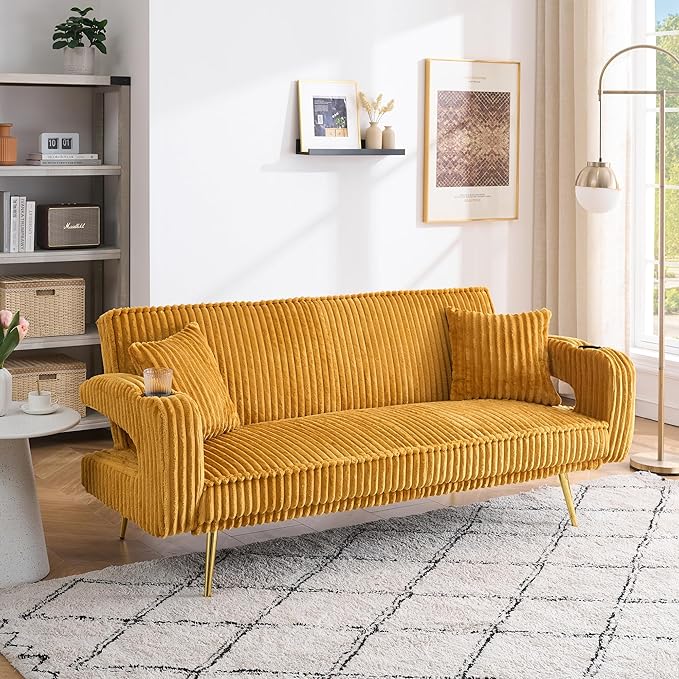 73 Convertible Futon Sofa BedModern Corduroy Sleeper Couch with 3 Reclining BackrestsGolden Chrome LegsComfy Cloud Sofa Loveseat for Small Living Room Bedroom Office (Yellow)