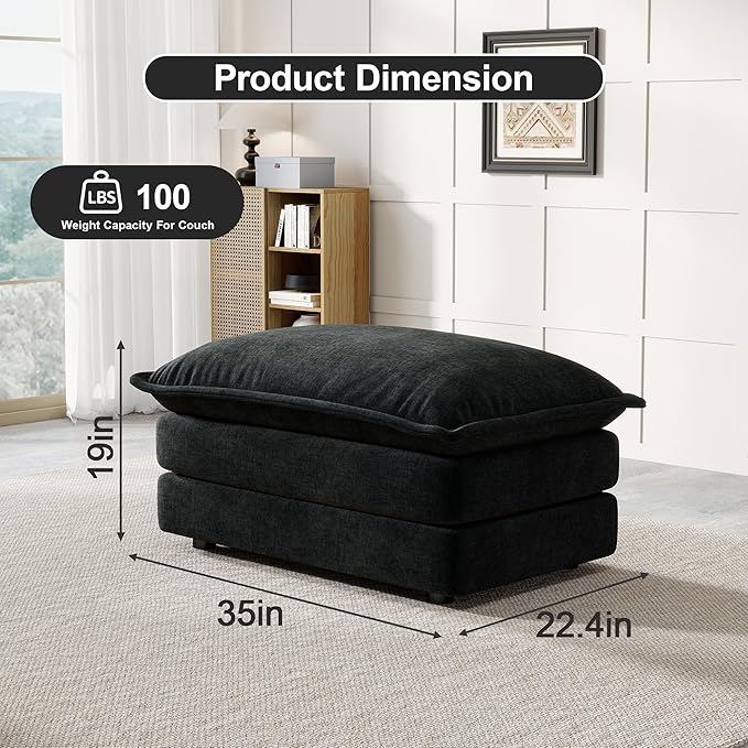 Soft Chenille Ottoman Footrest for Sectional Sofa - Comfortable Upholstered Seat Cushion Black