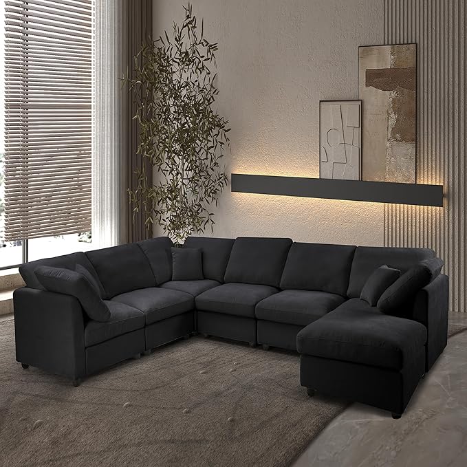 117 Modular Sectional SofaU Shaped Chenille Sofa Set with Movable OttomanModern 7-Seat Cloud Sectional Couches for Living Room Home Office (Black 117 U-7 Seater)