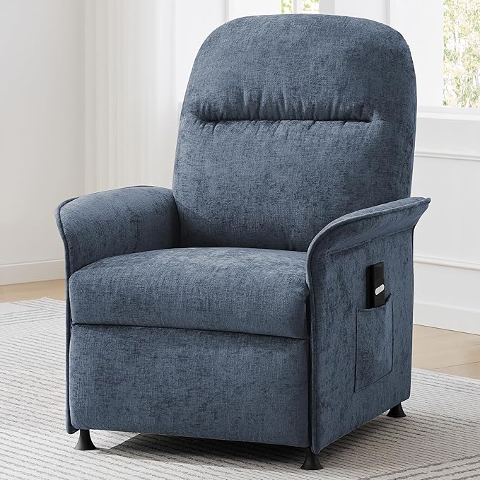 Power Recliner Chair for Adults Modern Reclining Single Sofa with Curved Armrest Comfy Ergonomics Electric Recliner with Side Pockets Adjustable Reading Chair for Living Room Bedroom Chenille Blue