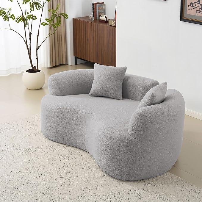 KEIKI 66.93 Cloud Sofa Curved Loveseat Sofa Teddy Velvet Compression Couch for Living Room Guest Bedroom No Assembly Required Gray
