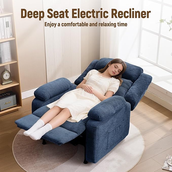 Power Recliner Chair Living Room Chairs for Adults Oversized Electric Recliner with Side Pockets Chenille Fabric Reclining Chair for Living Room Bedroom