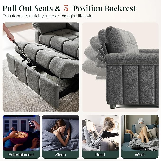 Jocisland 93” 4-in-1 Convertible Sofa Bed Cloud Sleeper Sofa Tufted Chenille 5-Position Adjustable Backrest 10-Minute Tool-Free Assembly Couches for Living Room Guest Room Gray