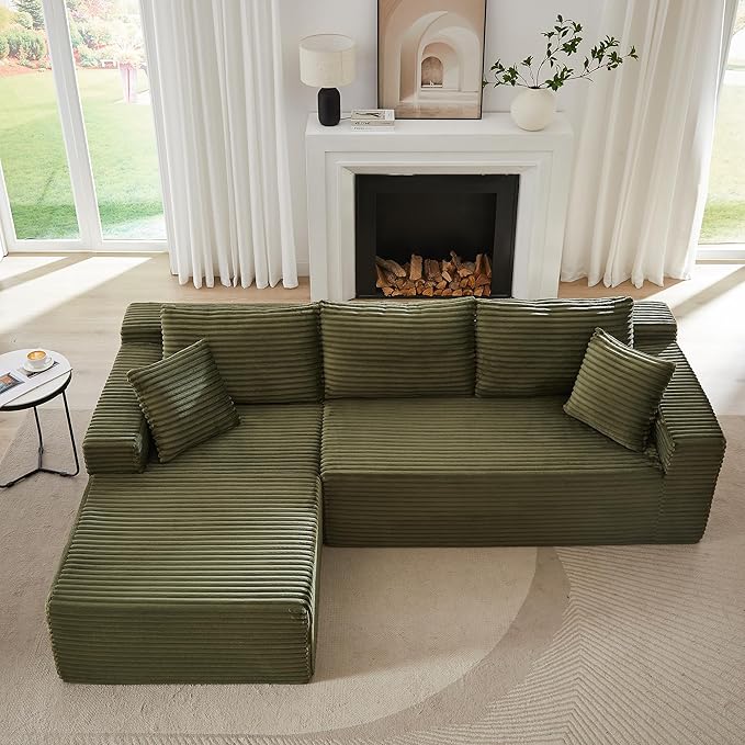 103'' Modular Sectional Sofa with Deep Seat Comfy L Shaped Couch Modern Cloud Couch with Oversized Chaise Corduroy No Assembly Required for Living Room Bedroom Green