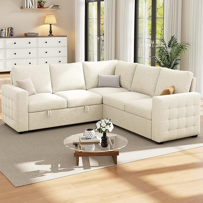 86 Sectional Sleeper Sofa Bed Sleeper Couch with Pull out Bed L Shaped Couch with Storage Modular Sectional Sofa Sectional Couches for Living Room&ampApartment Convertible Sofas Beige Couches