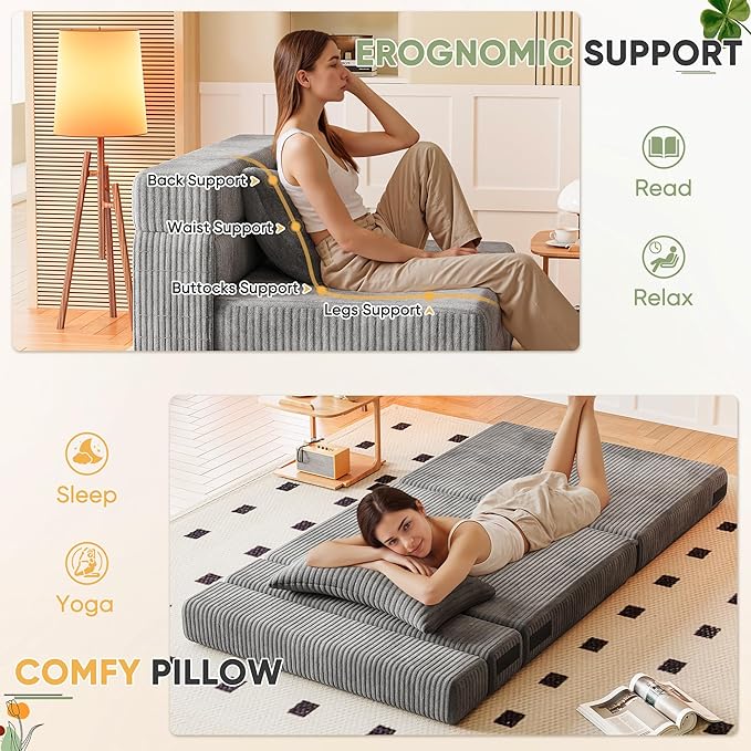 Homall Folding Sofa Bed Floor Couch Convertible Sleeper Chair with Pillow Comfy Futon Lounge Sofas Portable Fold Out Chair Bed for Living Room Small Space (Corduroy Slate Grey)