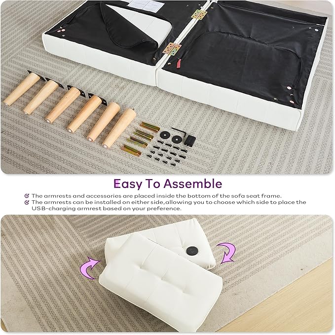 TYBOATLE Modern White Faux Leather Upholstered Convertible USB Folding Futon Sofa Bed 65 Couch Love Seats Furniture for Small Space Configuration Apartment Dorm Living Room Office