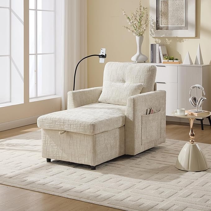 Oversized Multifunctional Recliner Chair with Phone Holder Chenille Ergonomic Lazy Boy Recliner Chair with Storage Backrest Swivel Rocking Chair for Living Room (Beige)