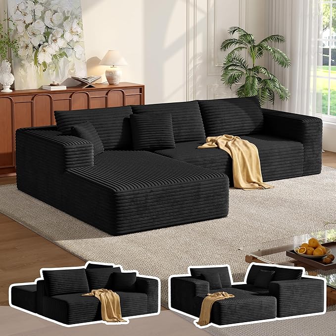 MoonSpeak 107 Sectional Boneless Couches for Living Room.Deep Seat Corduroy L Shaped Modular Sofa.Cloud Sectional Sofa.Upholstered Couches with Oversized Chaise(BlackLeft Chaise)
