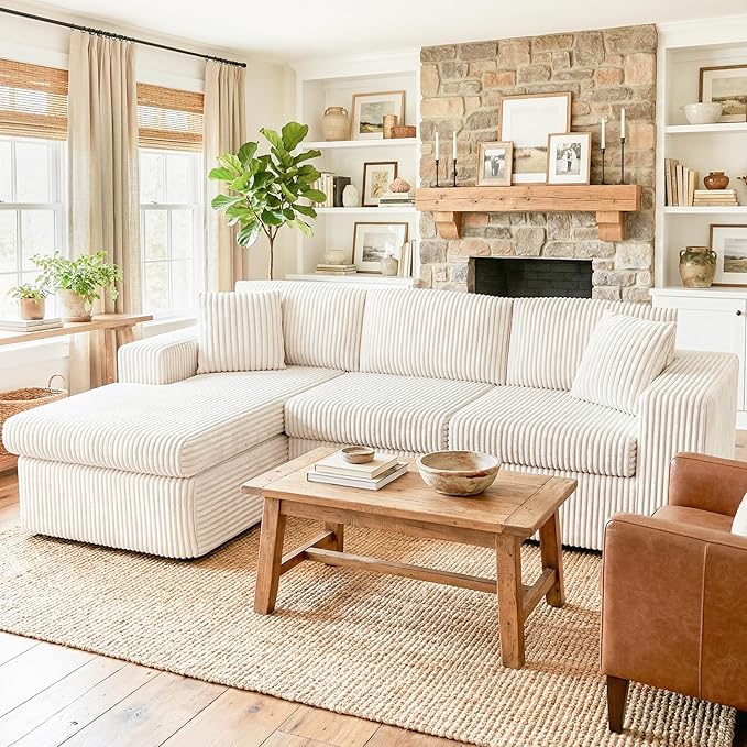 Shintenchi 105 Modular Sectional Sofa Boneless L Shaped Couch with Deep Seat Cloud Foam Couch with Oversized Chaise Plush Corduroy Sofa No Assembly Needed for Living Room Beige