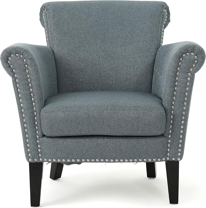 Christopher Knight Home Brice Vintage Scroll Arm Studded Fabric Club Chair Steel Blue / Dark Brown