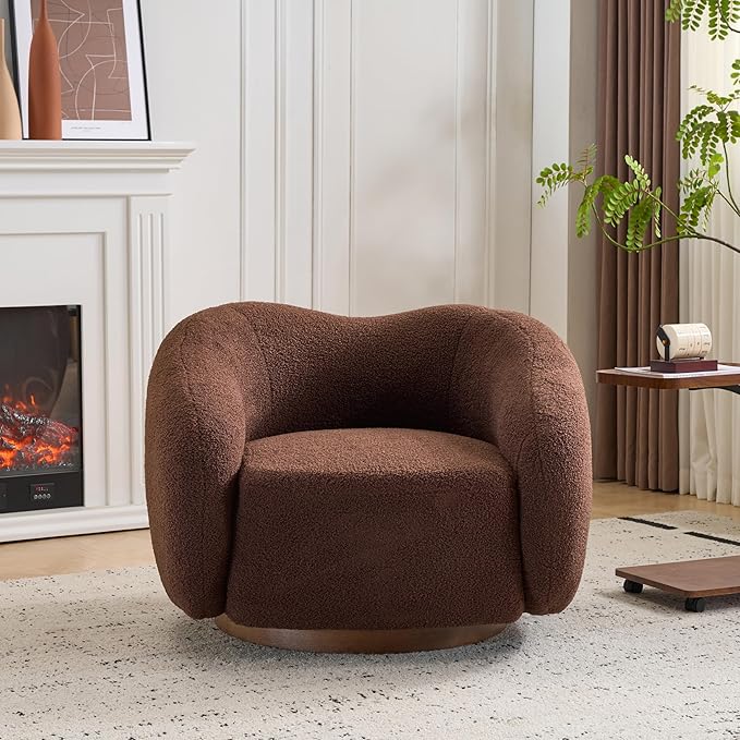 Christopher Knight Home Beckie Boucle Upholstered 360° Swivel Accent Chair Living Room Barrel Swivel Chair with Wooden Base Modern Club Chair with Rotation Dark Brown