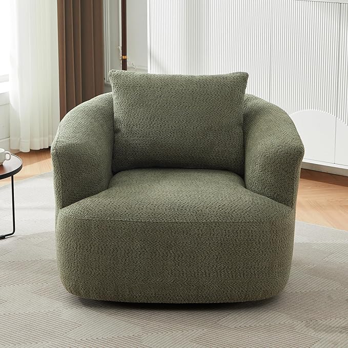 360-Degree Swivel Accent Chair 38.2 Chenille Upholstered Swivel Barrel Sofa Chair with a Throw Pillow Ergonomic Rounded Armrests Single Sofa for Living Room Office (Green/509)