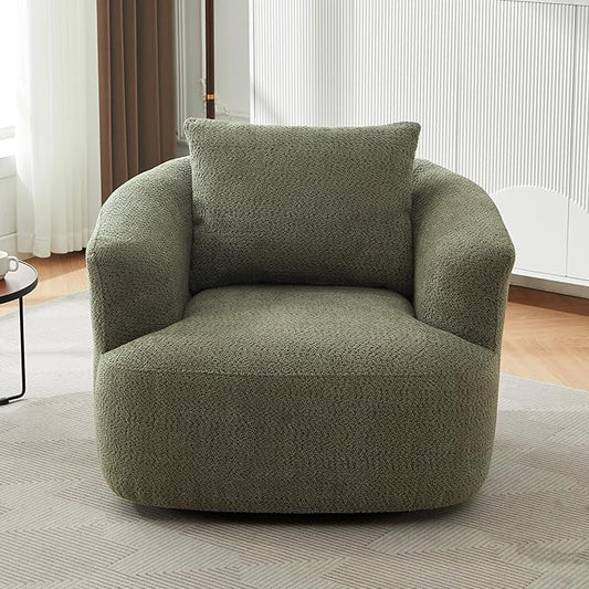 360° Swivel Chair 38.2 Accent Chair Sofa Chenille Upholstered Swivel Barrel Sofa Chair with a Throw Pillow for Living Room Bedroom Office and Hotel (Green@52)