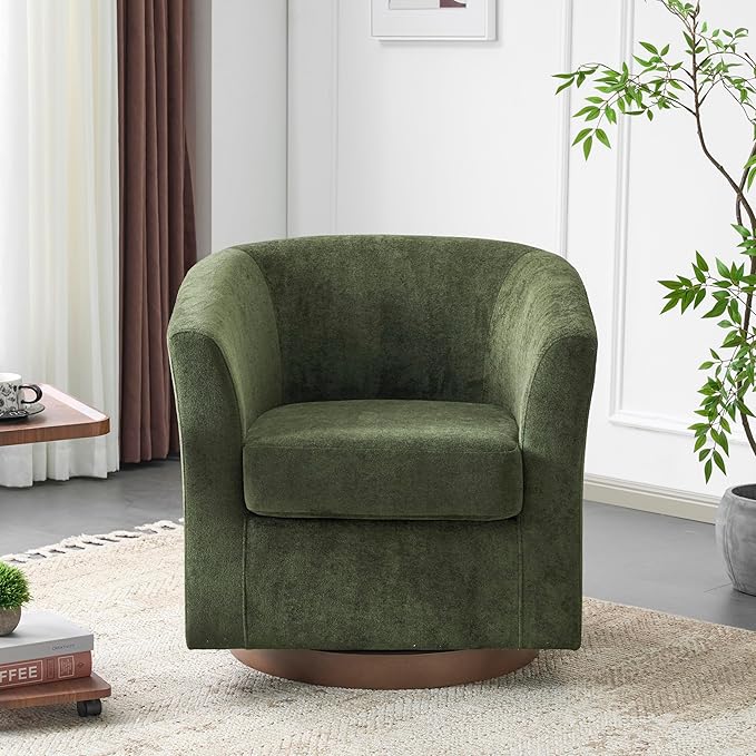 Christopher Knight Home Coles 360° Velvet Swivel Accent Chair Living Room Barrel Swivel Chair with Iron Frame Wooden Velvet Club Chair with Rotation No Assembly Required Olive Green+Walnut