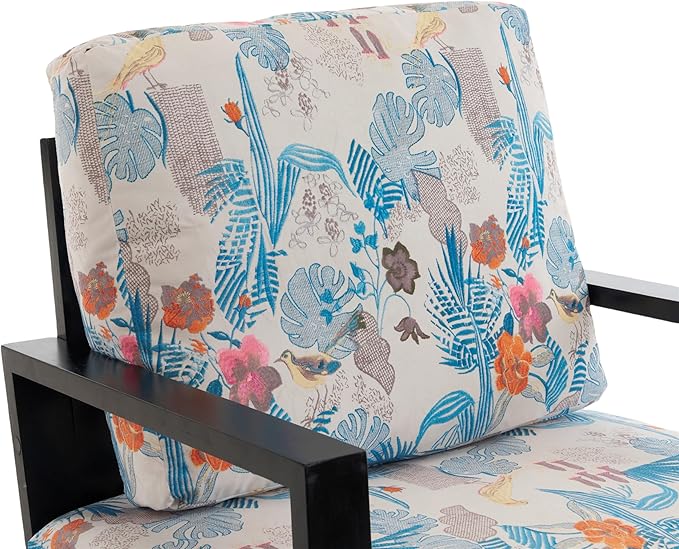 Retro Low Back Floral Print Velvet Accent Armchair with Gold Metal Legs &amp Rubberwood Frame Wide Armrest Mid-Century Lounge Chair with Pillow Back Sofa Chair for Living Room &amp Balcony Blue F