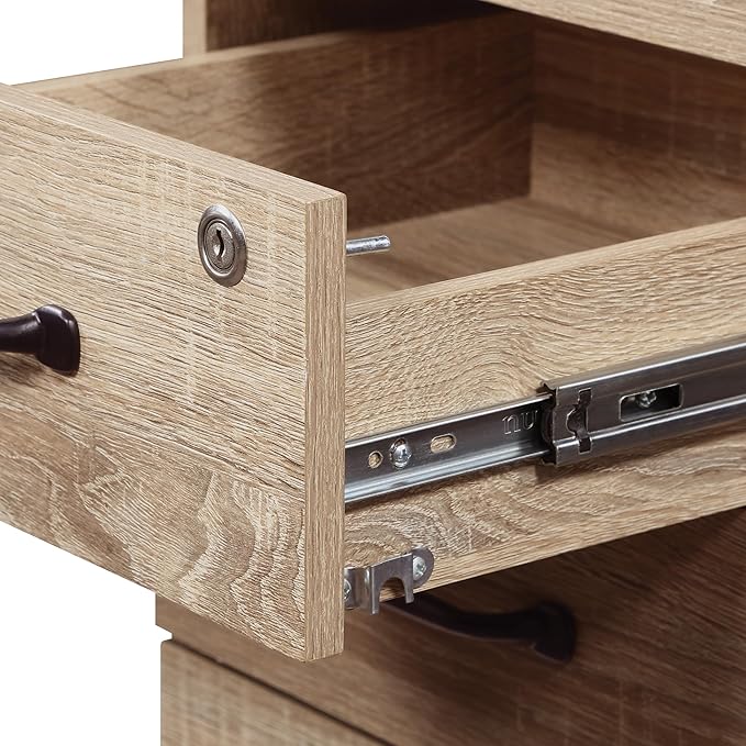 OSP Home Furnishings Ace 3-Drawer Mobile File Cabinet Full Extension Slides Key Lock System Rolling Casters 26.75x19x14 Inches River Oak Wood Finish