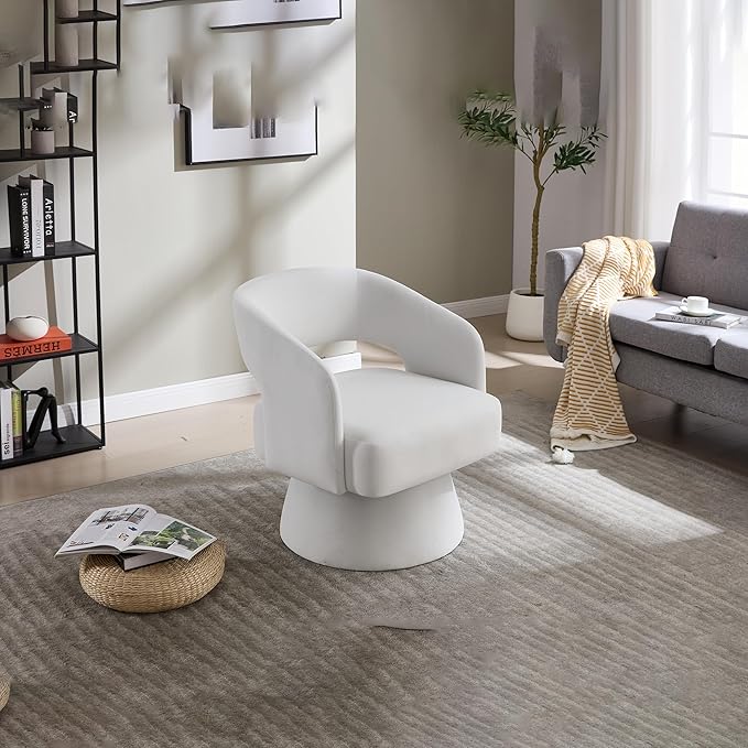 360 Degree Velvet Swivel Barrel Chair Modern Round Accent Armchair Open Back Foam Cushions Metal Swivel Base for Living Room Bedroom Office (Beige)