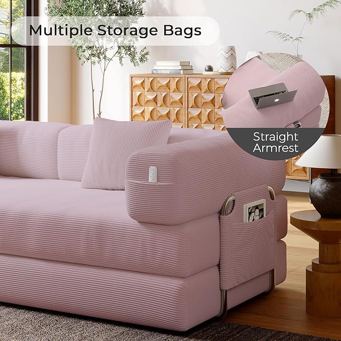 5-in-1 Folding Convertible Sofa Bed Loveseat Sleeper with Pull-Out Bed Floor Sofa Modular Futon Couch 79 Oversized Corduroy Upholstered Boneless Couch for Living Room Bedroom Lounge Pink-A