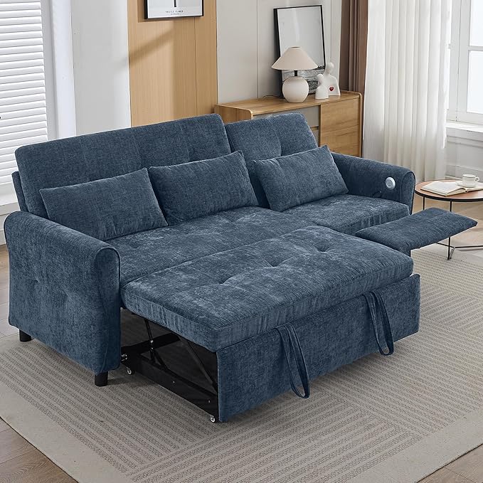 ERYE L-Shaped Reversible Recliner Sectional Sofa Chenille Upholstered Pull Out Convertible Sofabed with Pull Out Sleeper Couch Bed and Recliner Chaise Lounge and USB-C Ports