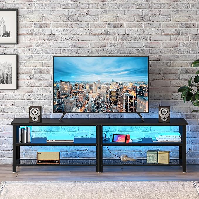 Clikuutory Modern Black 71 inch Metal TV Stand with LED Lights and Power Outlets for 50 60 65 70 75 80 Inch TVs 3 Tier Television Stands with Entertainment Center and Storage for Living Room Bedroom