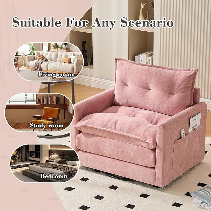 Swivel Accent Chair 360° Rotation Chenille Upholstered Leisure Armchair with Lumbar Pillow Thick Padded Arm Chair with Metal Base Single Sofa Chair for Living Room BedroomOffice (Pink)