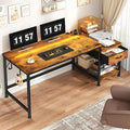 56 Inch Computer DeskReversible Office Desk with LED Lights &amp Power OutletsWriting Desk with Wide Tabletop for StudyWritingDesk with Drawers &amp Printer Shelf for StorageCraftRustic Brown