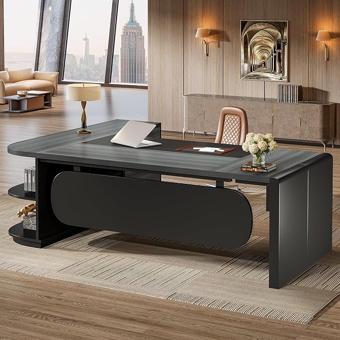 Tribesigns 81-Inch L-Shaped Executive Desk Large Modern Office Desk with Drawers and File Cabinet for Home or Business Workspace Grey &amp Black Computer Desk with Storage Shelves