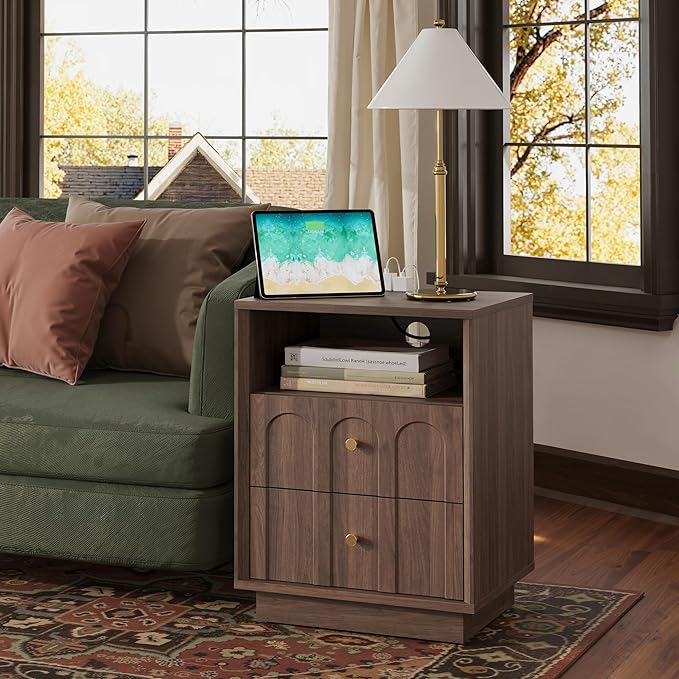 Nightstand with Charging Station Mid Century Modern Nightstand with Arched Design Minimalist End Table with Wood Grain Texture Bedside Table for Bedroom Living Room Sofa Office Walnut