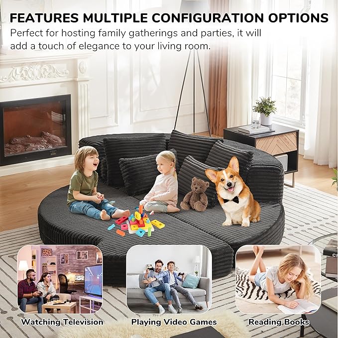 78.5 Oversized Round Chaise LoungeModular Convertible 2-in-1 Sofa Bed Upholstered CorduroyBoneless Plush Couches with PillowNo Assembly RequiredRAFBlack