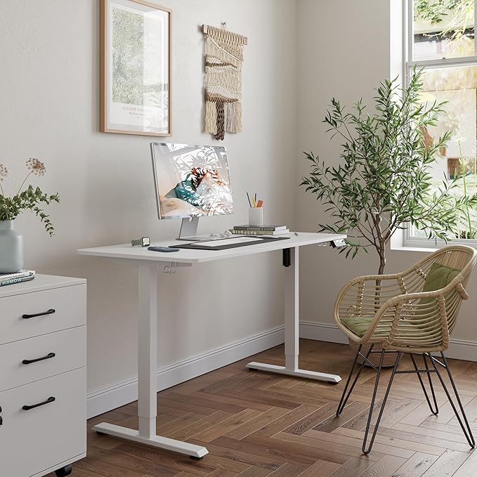FEZIBO One-Piece Standing Desk Adjustable Height Stand up Home Office Desk 48x24 Inch Electric Standing Computer Desk with 4 Memory Presets Headphone Hook White