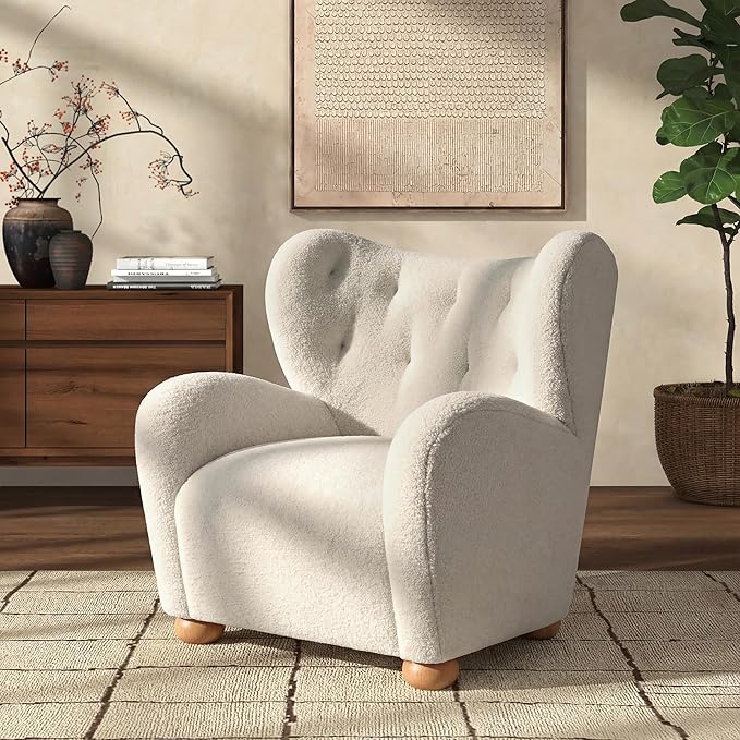 SAFAVIEH Couture Collection – Galloway Faux Shearling Wingback Accent Chair Beige Teddy Upholstered Lounge Seating (SFV5139C)