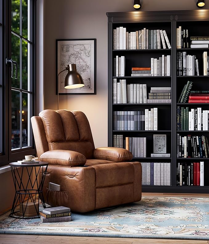 22 in Leather Recliner Chair for Adults Overstuffed Manual Recliner Single Sofa with Cup Holder &amp Side Pockets 400 LBS Capacity Upholstered Chair for Living Rooms Brown