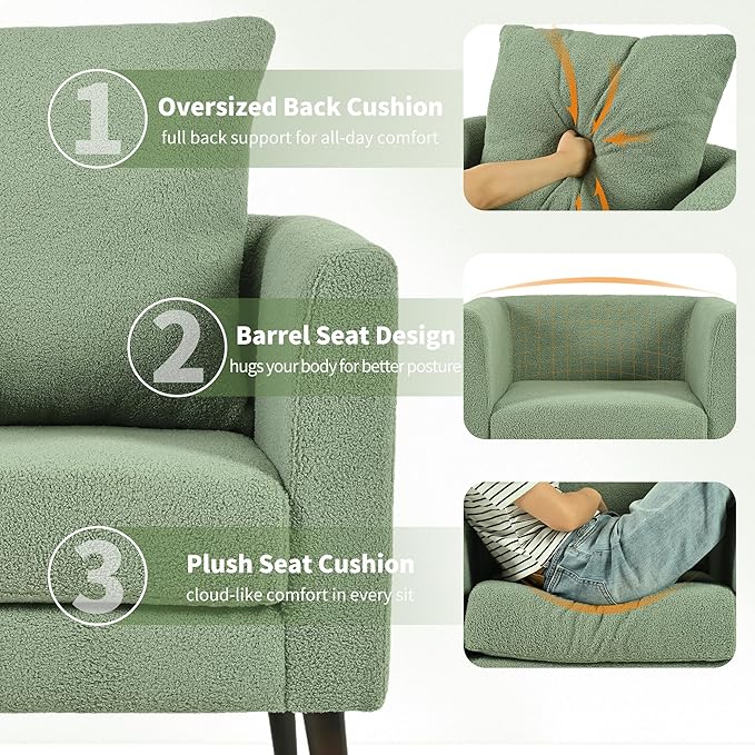 cinkehome Accent Chair for Living Room Modern Upholstered Teddy Barrel Arm Chair Large Pillow Solid Wood Legs