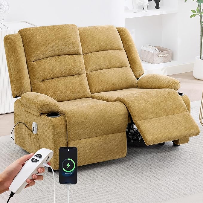 52Inch Power Loveseat ReclinerElectric Reclining Loveseat SofaAdjustable Love seat Recliner Sofa for Living RoomBedroom with Charging Ports(Yellow loveseat)