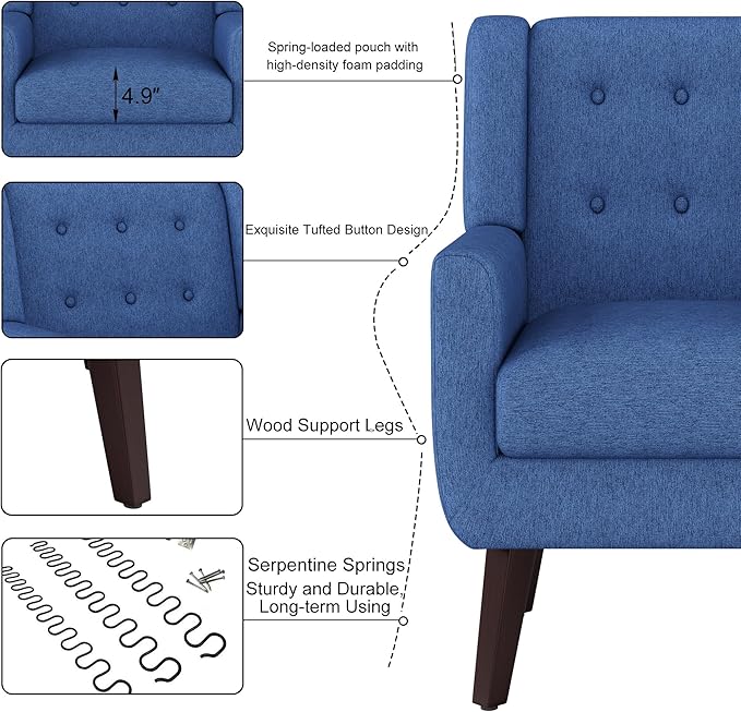 Linen Fabric Living Room Chairs Accent Chair Mid Century Modern Armchair for Living Room Bedroom Button Tufted Upholstered Comfy Reading SofasVanity Chair (2 Navy)