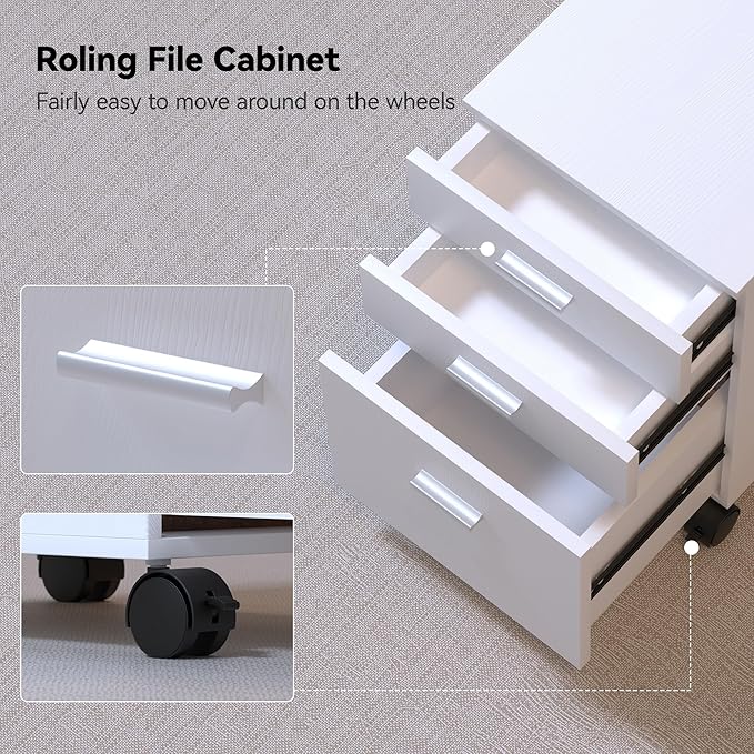 3 Drawer File Cabinet with WheelsPre-Assembled Brown Wood OrganizerFits A4/Letter Size for Home OfficeMobile Printer Stand Storage19 L x 16 W x 22 H (White)