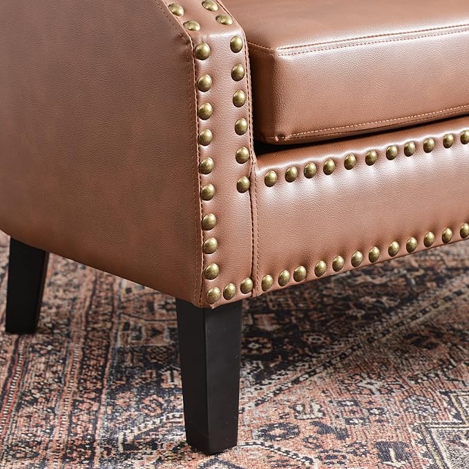 KINWELL Upgraded 29-inch Barrel Club Chairs Sloped Arm Design for Small Spaces Double Row Nailhead Trim Faux Leather Accent Chairs with Solid Wood Legs for Living Room (Mottled Mesh Brown)
