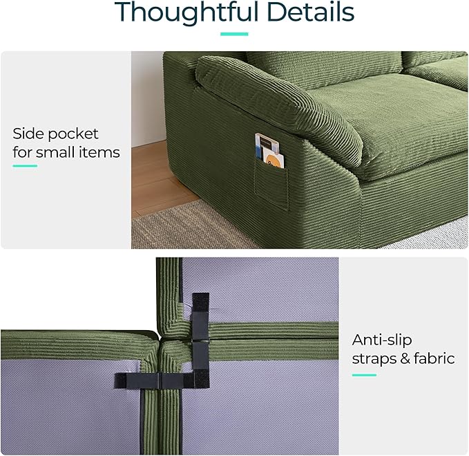 LINSY HOME 139 Modular Couch Modern Boneless Cloud Couch U Shaped Sofa with Movable Ottomans Deep Seat Corduroy Sectional Couches for Living Room Apartment No Assembly Required Green