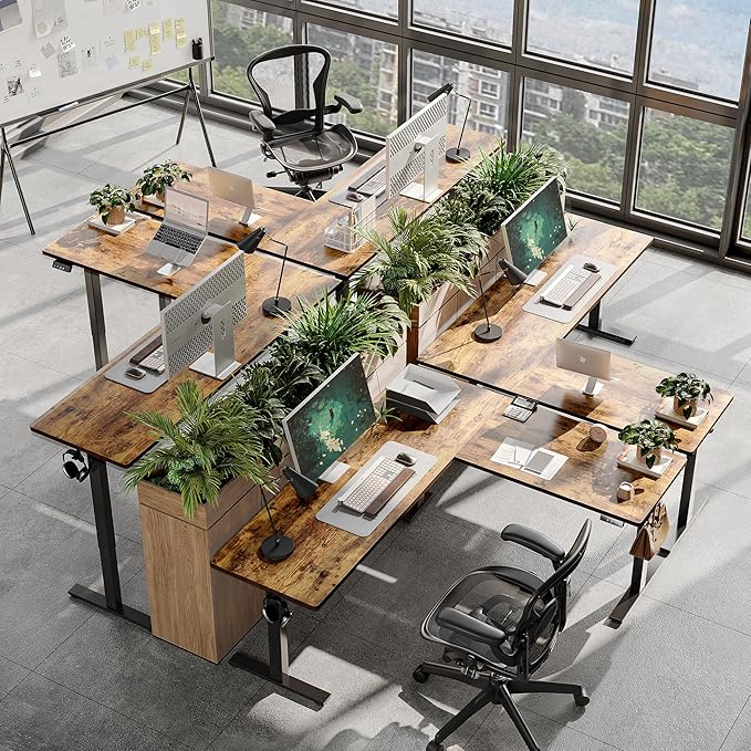 TIQLAB 75 x 61 inch L Shaped Standing Desk Adjustable Height Electric Corner Standing Desk Sit Stand Computer Table with Splice Board Rustic Brown